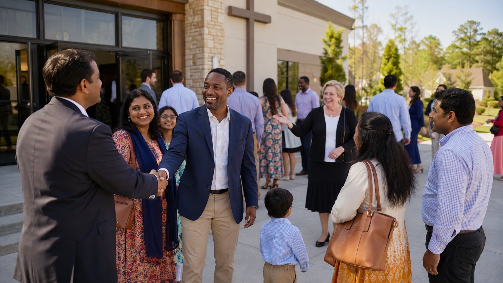 Welcoming guests outside Radiant Life gathering